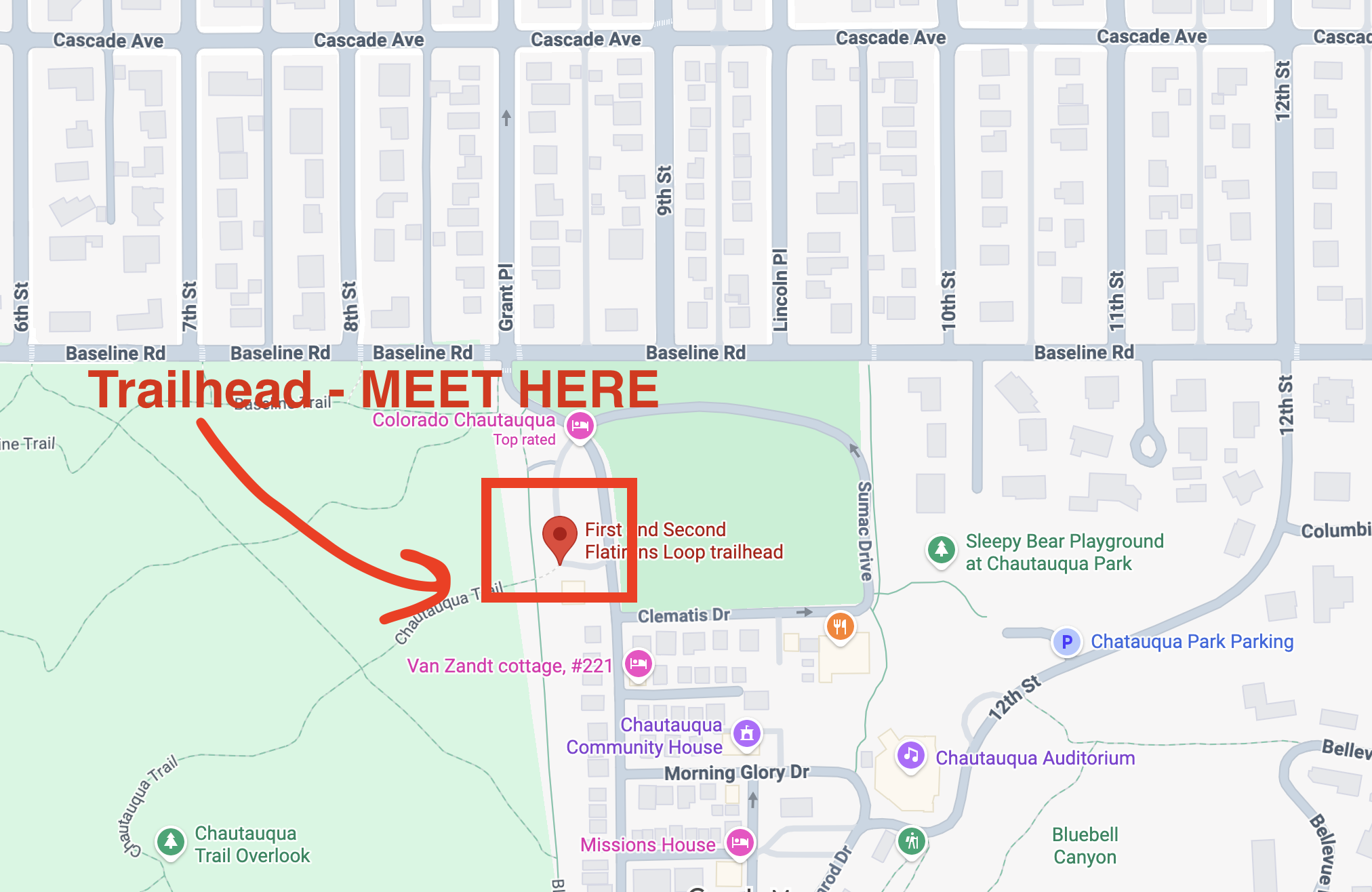 Close-up map of Chautauqua trailhead meeting point