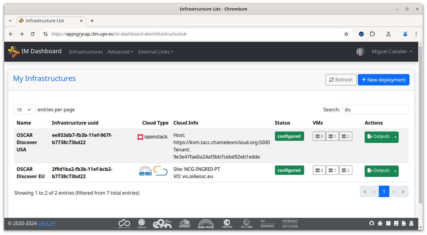 Two OSCAR clusters deployed via the IM dashboard, one on Chameleon Cloud in the USA and one on EGI in the EU.