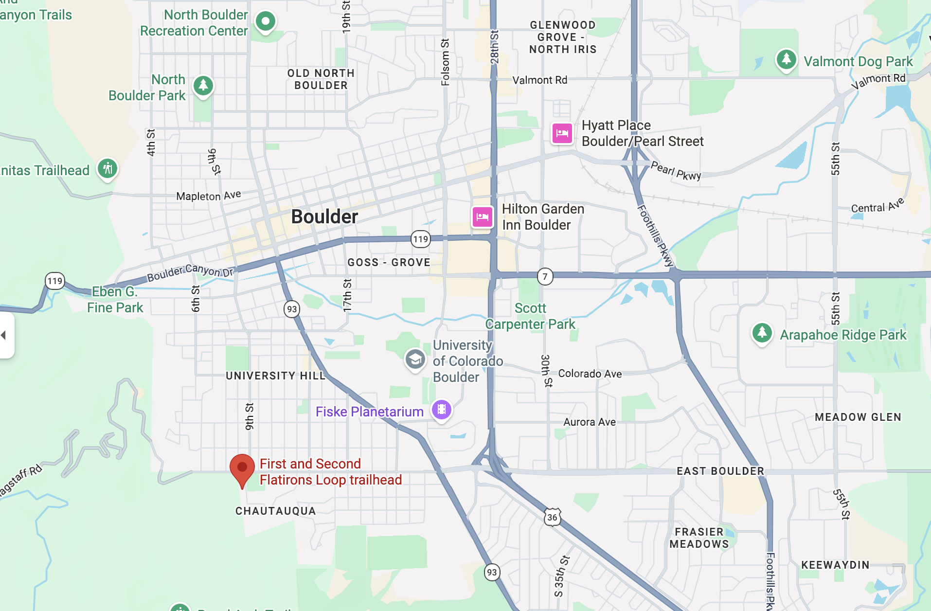 Boulder area map showing Chautauqua trailhead location