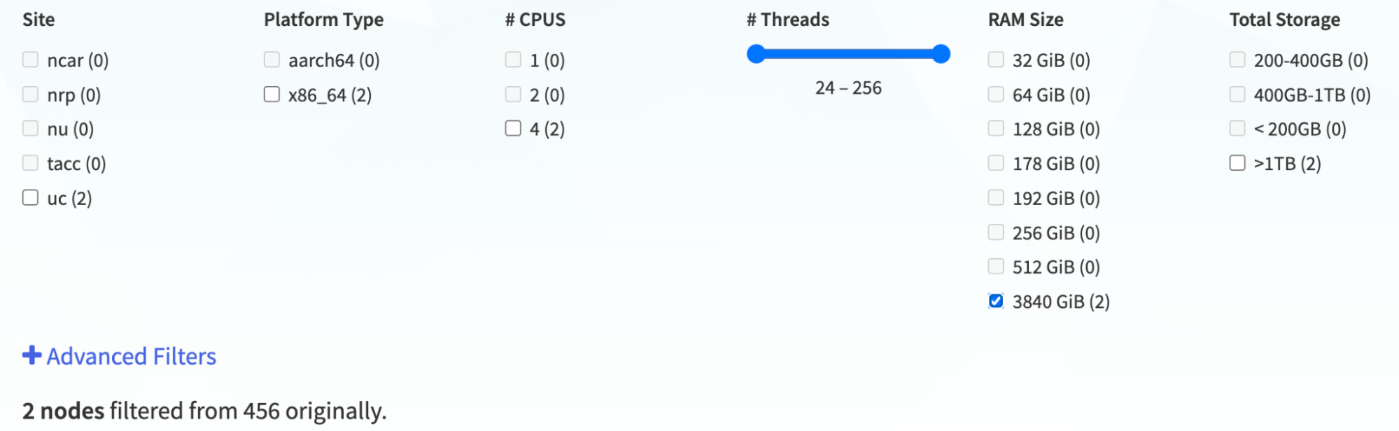 Advanced filters interface