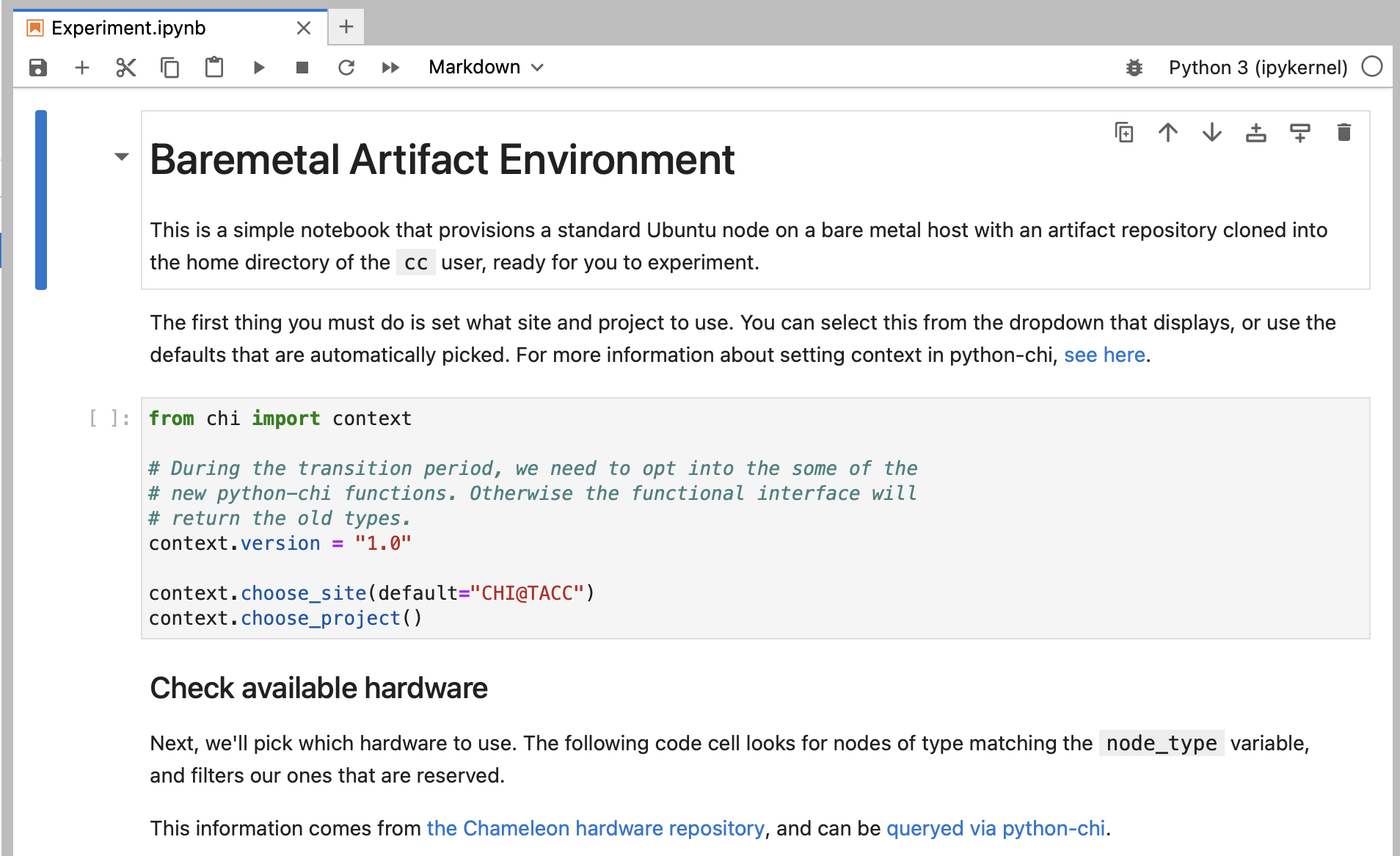 Jupyter notebook to launch an environment for an external artifact